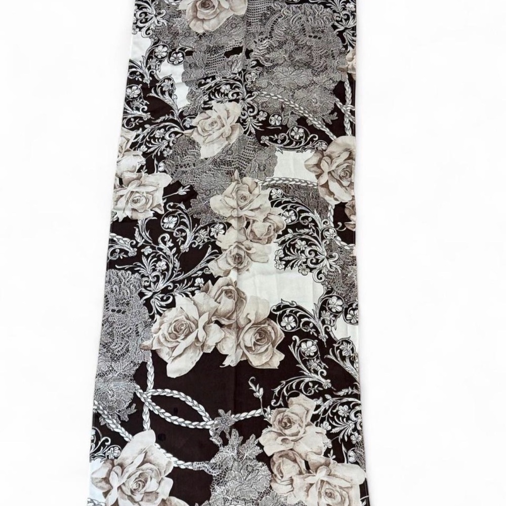 St John Silk Y2K Scarf Chocolate Brown Cream Floral Lace Print Oblong Wrap Roses - Picture 2 of 6